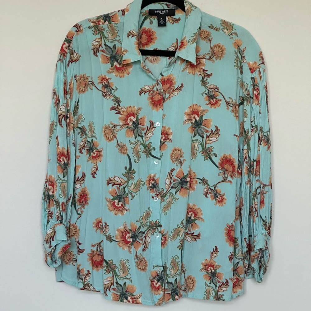Nine West Teal Floral Button-Down‎ Shirt Size L